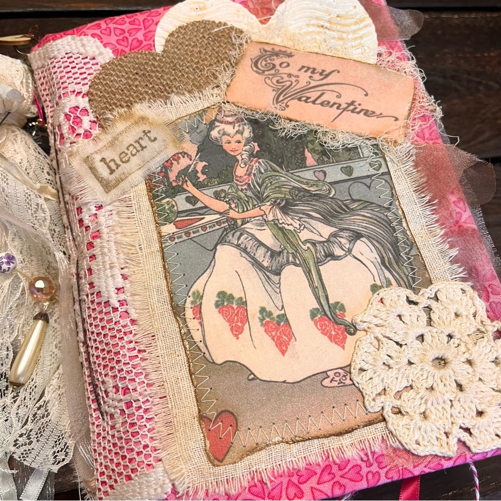 Valentine’s Junk Journal Pink Feminine Boho Grungy Lace Heart To My Valentine - Picture 4 of 16